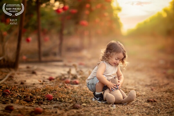 In the midst of a pomegranate field, a sweet little boy  plays with his teddy bear, while his family looks on with joy and love in their hearts.