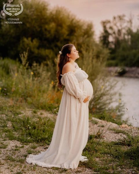 What an emotional outdoor maternity shoot during golden hour with soft, warm light.