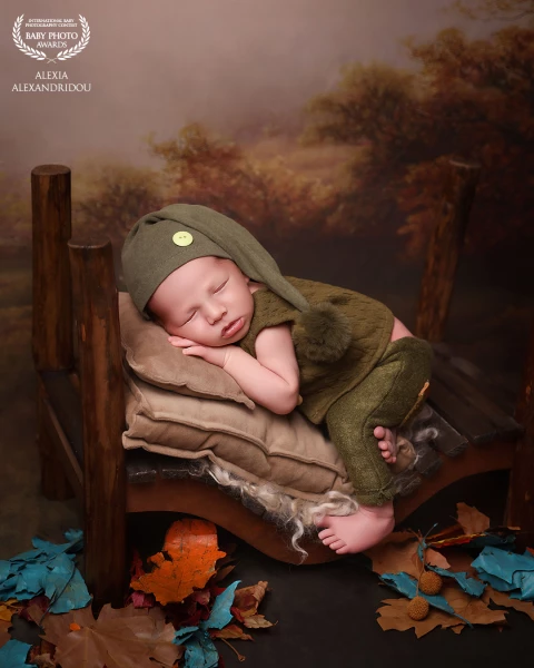 A peaceful autumn inspired setup featuring this beautiful baby boy, gently posed in soft earth tones. The cozy textures, wooden bed and warm foliage tones celebrate the calm beauty of newborn simplicity.