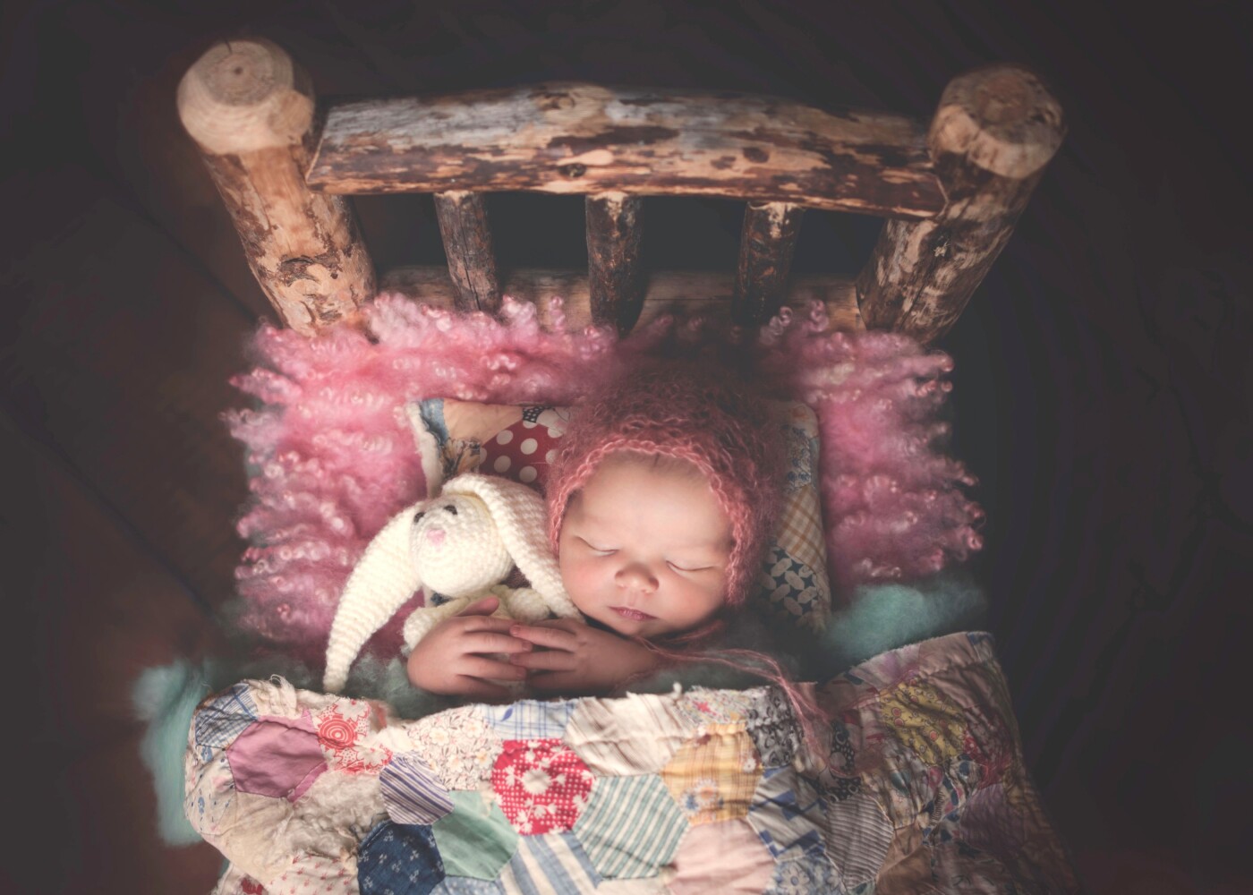 I had this image stuck in my head for months and it was so nice to make it a reality! She is perfectly snuggled up in her cozy bed, holding tight to her bunny. Sweet dreams little one!