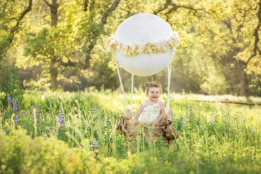 It was a dream of mine to build a kids hot air balloon for them to soar into their first birthday!  It couldn't have come out better. Southern California has 2 weeks of gorgeous bloom a year and this adorable little girl had the most magical first birthday.  So happy and so full of adventure.