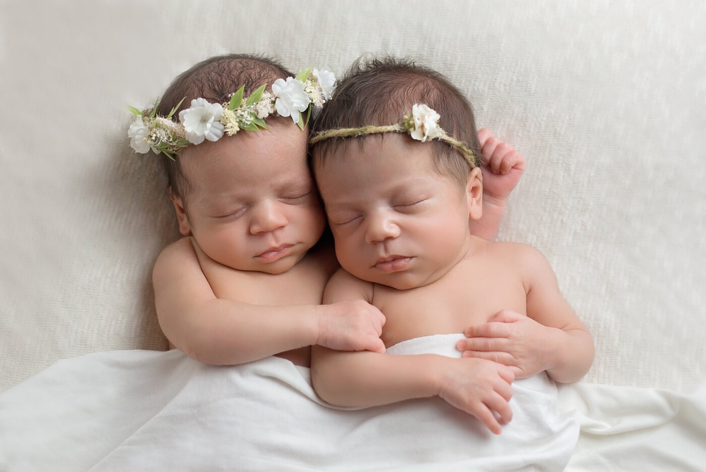 Isabelle & Annabelle. These non identical twins born at 35 weeks were a pleasure to photograph at 26 days old. This was one of the first few shots I took of them when they arrived in my studio.