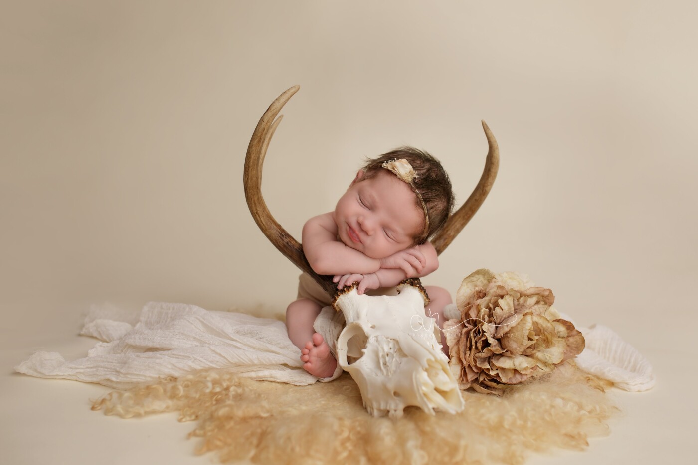 This little girl is dreaming of Daddy's buck, a special prop the parents brought to be incorporated into her newborn session. I love being able to customize sessions for parents.