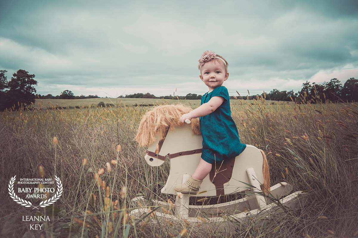 When this sweet girl showed up in this precious outfit, I just knew my vintage rocking horse was the perfect addition to her One Year Session, on the farm. The tones of the overcast sky, and sweeping hayfield, definitely made the ultimate setting! <br />
