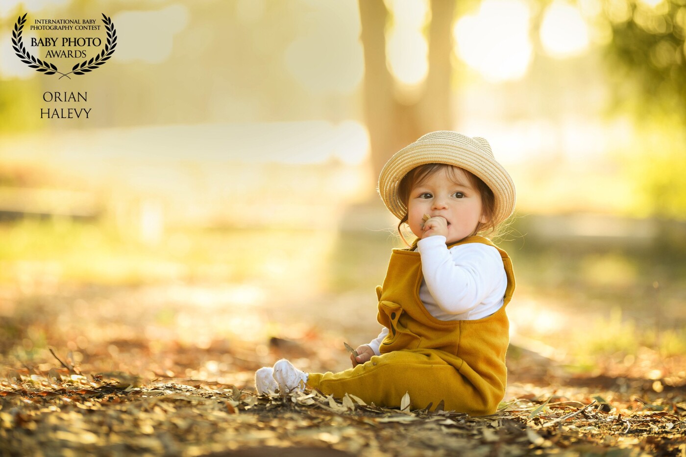 A magical moment in the golden hour.<br />
A one-year-old baby, with plump and so sweet cheeks, touches the leaves,<br />
enjoys nature and is curious about everything around.