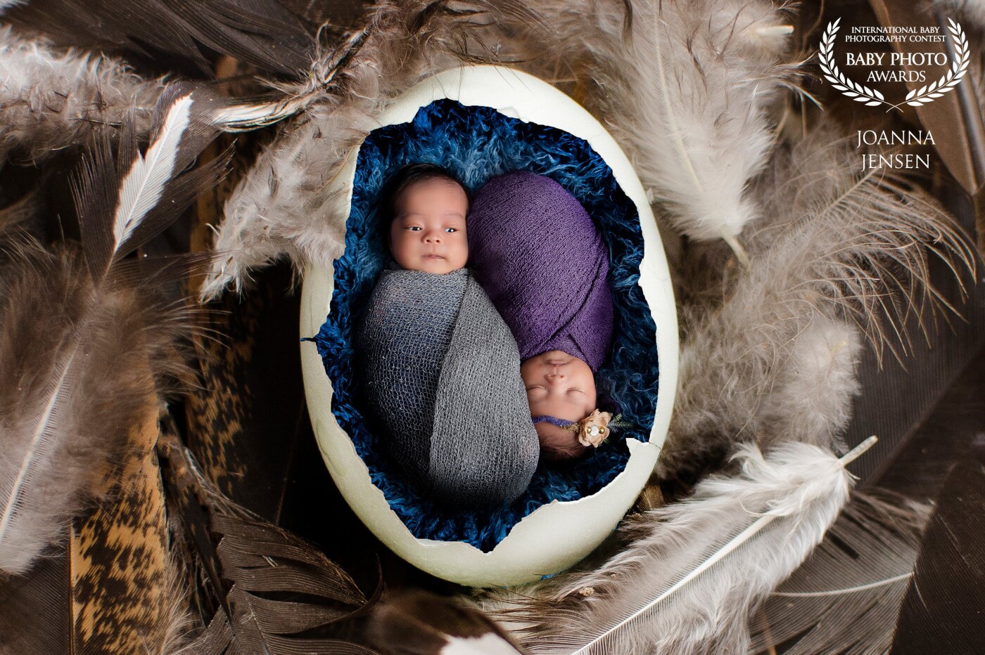 Adorable boy and girl twins got all snuggled up and swaddled like adorable baby birds in a nest in this natural-looking outdoorsy sweet set-up.  Mom and dad are newcomers to Calgary, Alberta, and love the rustic nature of the outdoors.   I was so happy to create this unique gift they can treasure for generations of their beautiful twin newborns.<br />
www.JoannaJensenPhotography.com