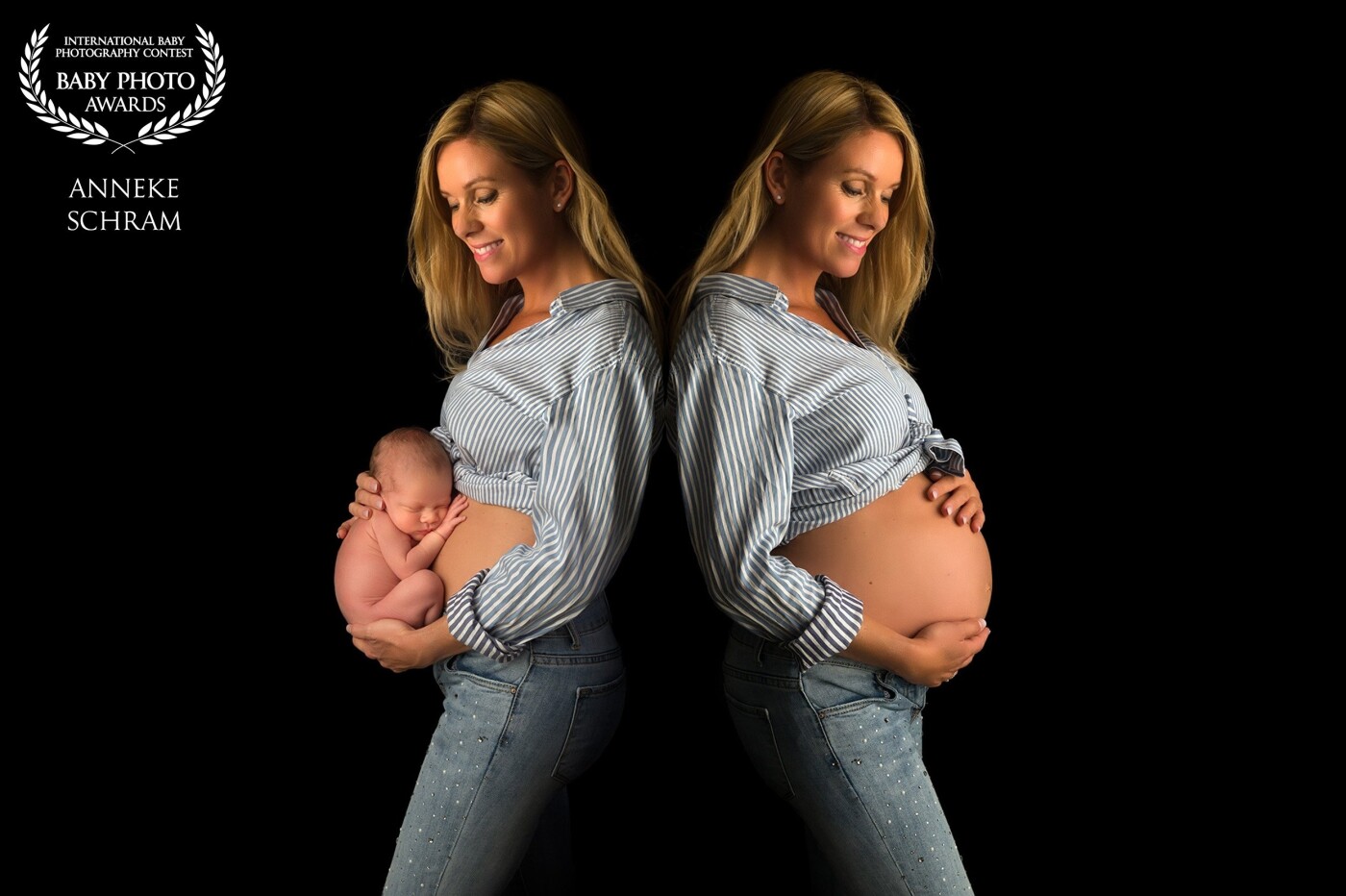 Moms call this kind of image "double photos" or "mirror photos" and they are very popular in my studio. A lot of photoshop goes into them as it is not easy to take exactly the same photo with 6 weeks in between.  I always use a print of the belly image during the newborn session, to get as close as possible to the original pose.