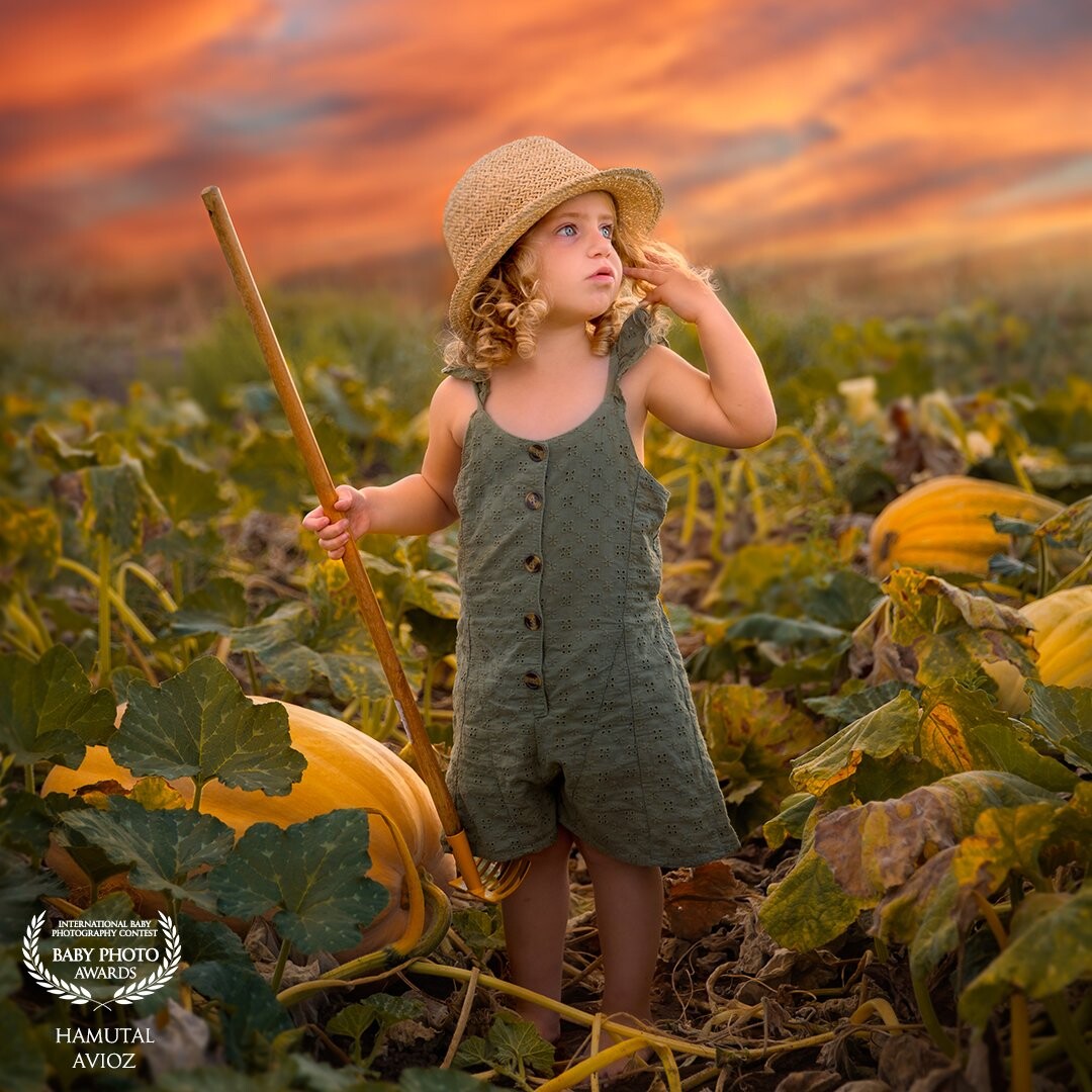 Yaara in the pumpkin field. filling the changes in the weather in the air, the cool breeze in her hair. having a good time. <br />
This photo was taken in a field next to our home. my 3 years old girl loves to play there.