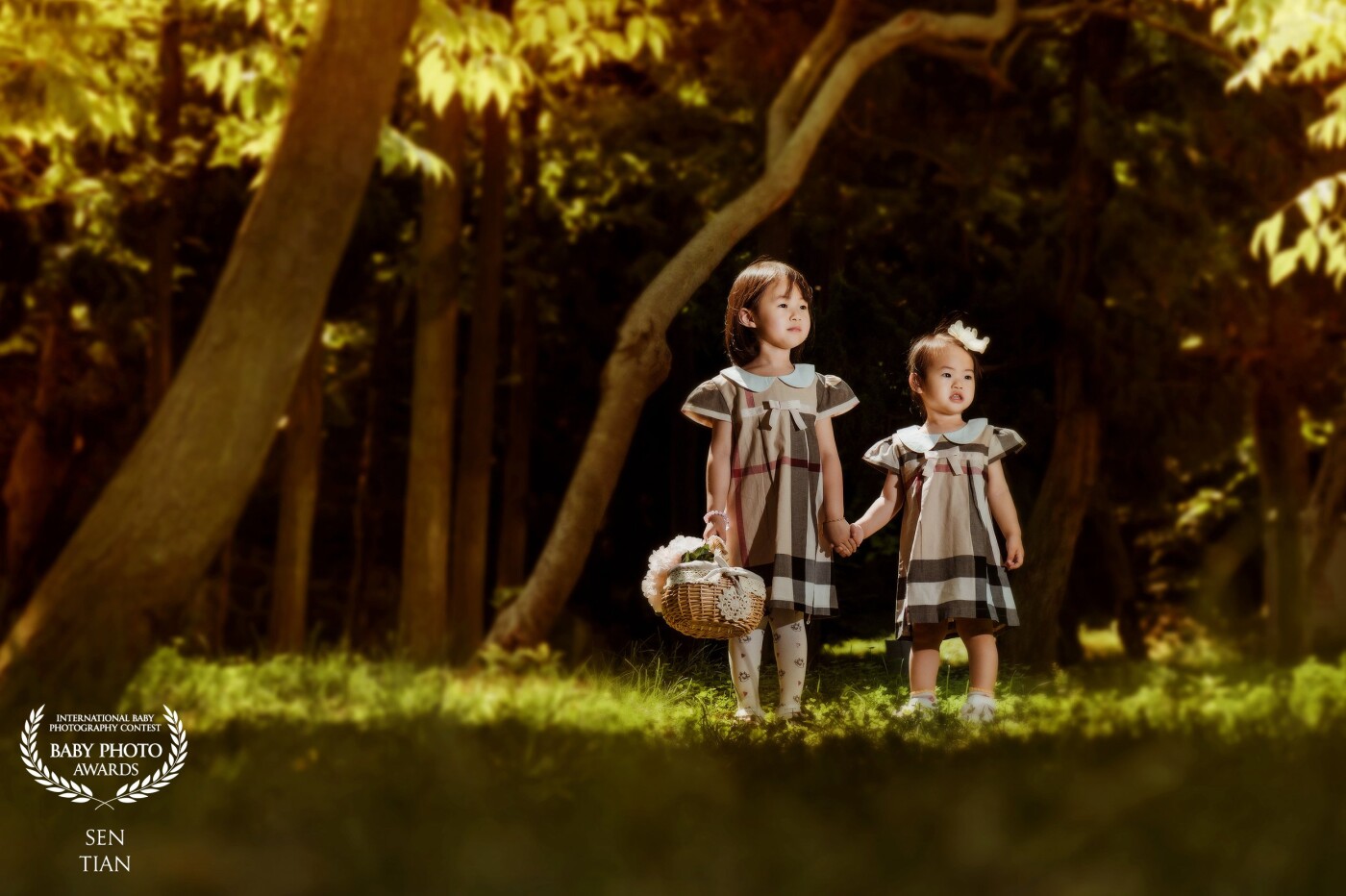 《Plaid skirt》<br />
This is a pair of close sisters, one in kindergarten and one who can just walk. The two children are wearing plaid skirts and holding hands everywhere. When they stand in the sun and their hair is illuminated, we think this is a wonderful picture.