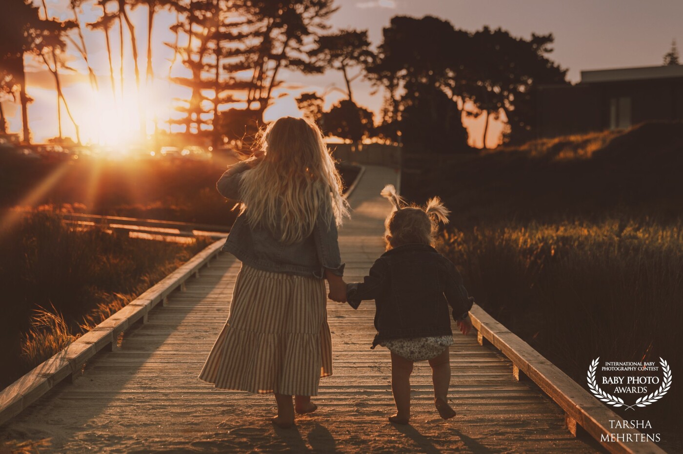Last glimpses of the sun at the end of a wonderful family session.  Walking the boardwalk to home on a summers evening, Papamoa Beach, New Zealand.