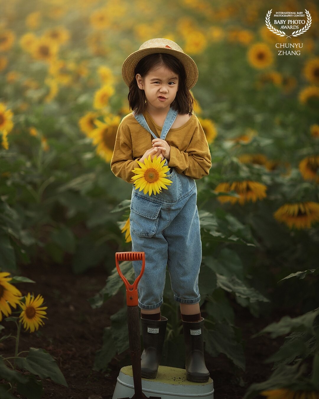 The little girl was working in the sunflower field. When she got tired, she climbed up on a small stool, picked a sunflower, and started to make faces.