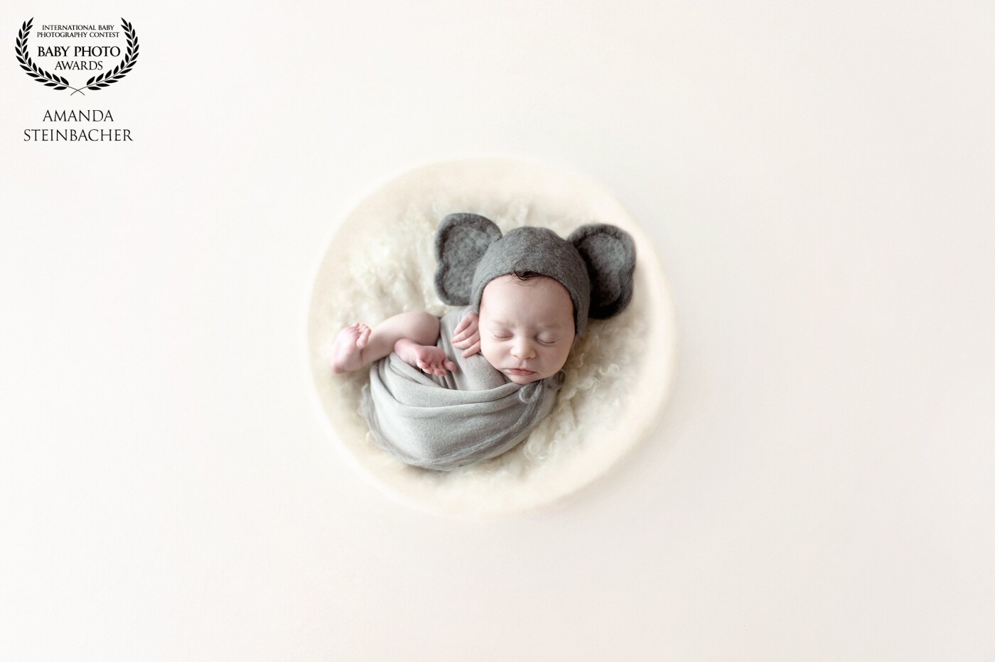 This little babe's nursery was decorated with all sorts of animals - but mostly Elephants.  What better way to add to the nursery decorations than to have a beautiful portrait of the newborn in a hand-felted elephant bonnet.