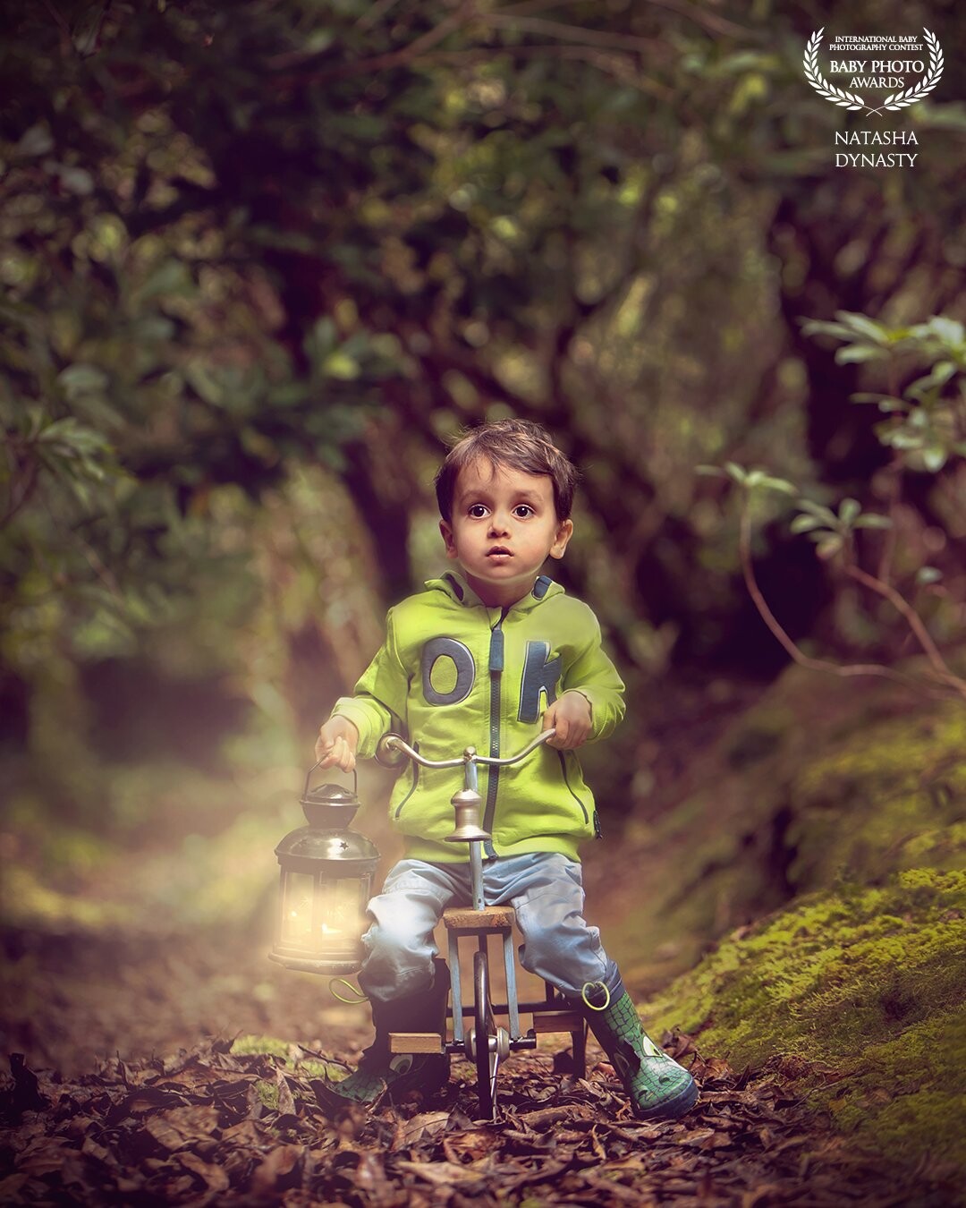 The Secret Forest Photoshoot. <br />
A little boy on a bike with a lantern in his hand, looking at something so amazing that he can't take his eyes off. Breathtaking moment.<br />
When I shoot in the forest I can feel the magic of the forest, fresh air and the smell of it, it's pretty magnificent. You can get lost in time so easy. One of my favourite photoshoots as kids are so relaxed and taken by beauty of nature too. Hope you can feel this special magic in this photograph.