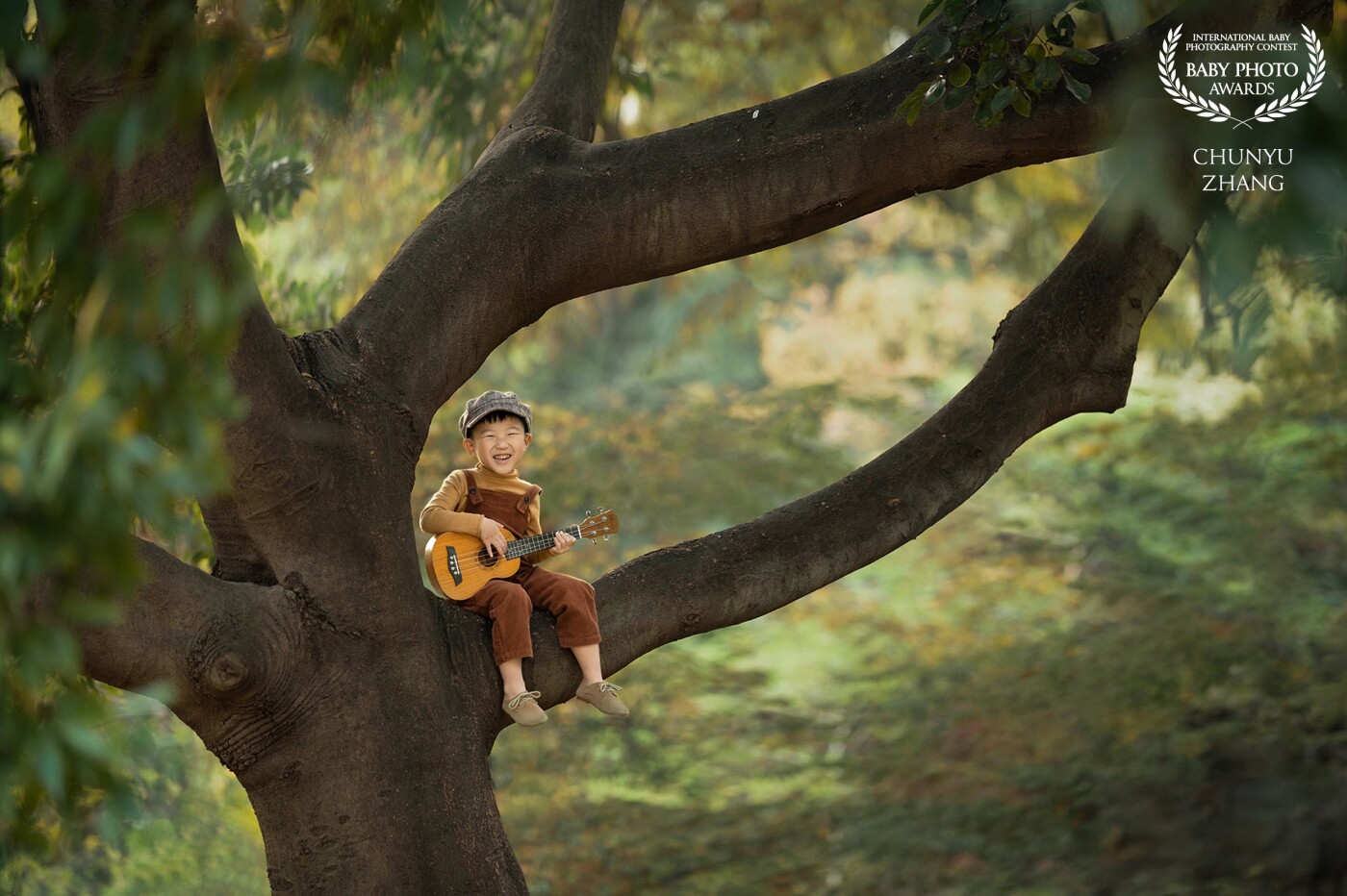 This naughty little boy climbed up the tree and played ukulele in the tree, and he was still playing the piano and singing, what a pleasant afternoon.