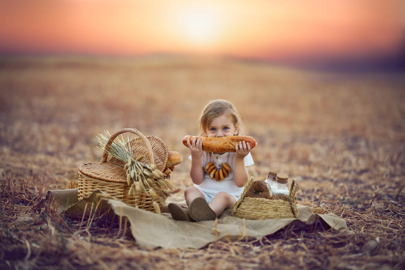 As the golden sun dips below the horizon, a young boy sits quietly in a freshly plowed wheat field,...