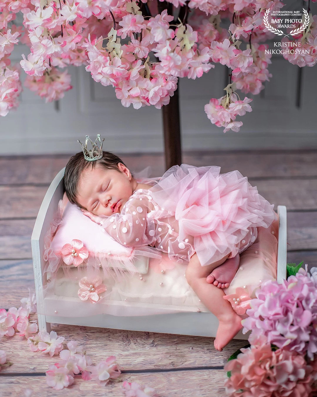 Beneath a cascade of soft pink blossoms, a tiny princess sleeps in velvet dreams, wrapped in tulle and tenderness.