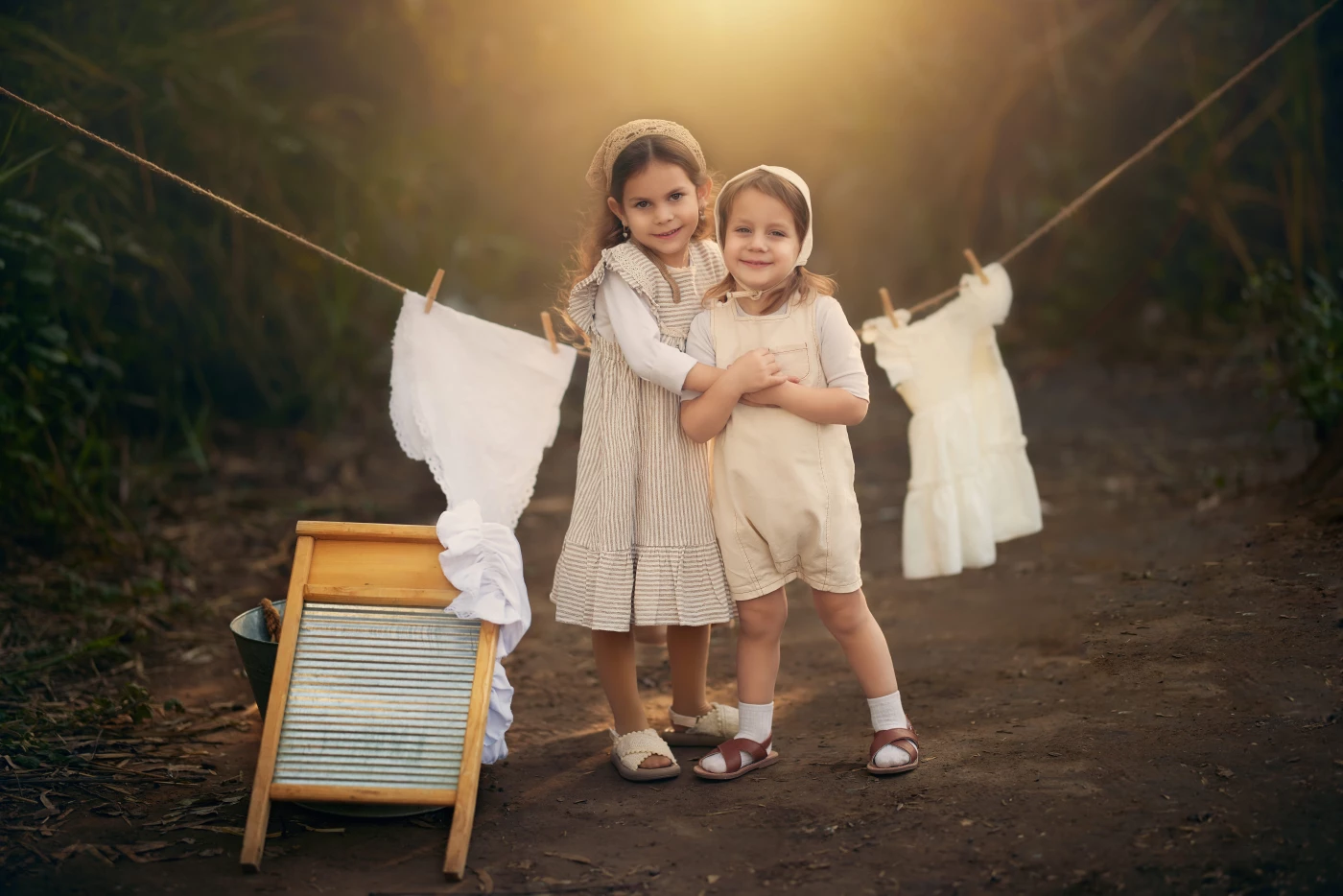 A tender everyday scene unfolds in warm, golden light: a brother and sister stand close together on...